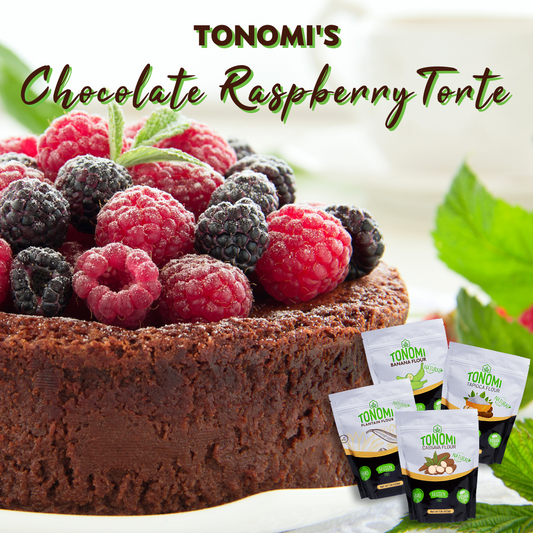 Decadent Delight: Chocolate Raspberry Torte with Green Tonomi Banana Flour
