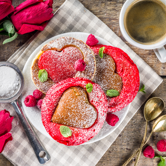 Start Valentine’s Day with gluten-free heart-shaped cassava flour pancakes! Fluffy, festive, and perfect with berries, made using Tonomi Superfoods Cassava Flour.